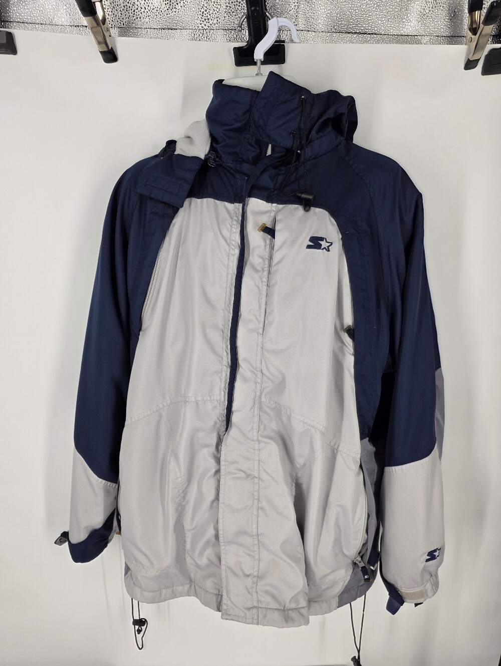 Starter Mens Medium Navy Gray Fleece Lined Hooded Colorblock Jacket